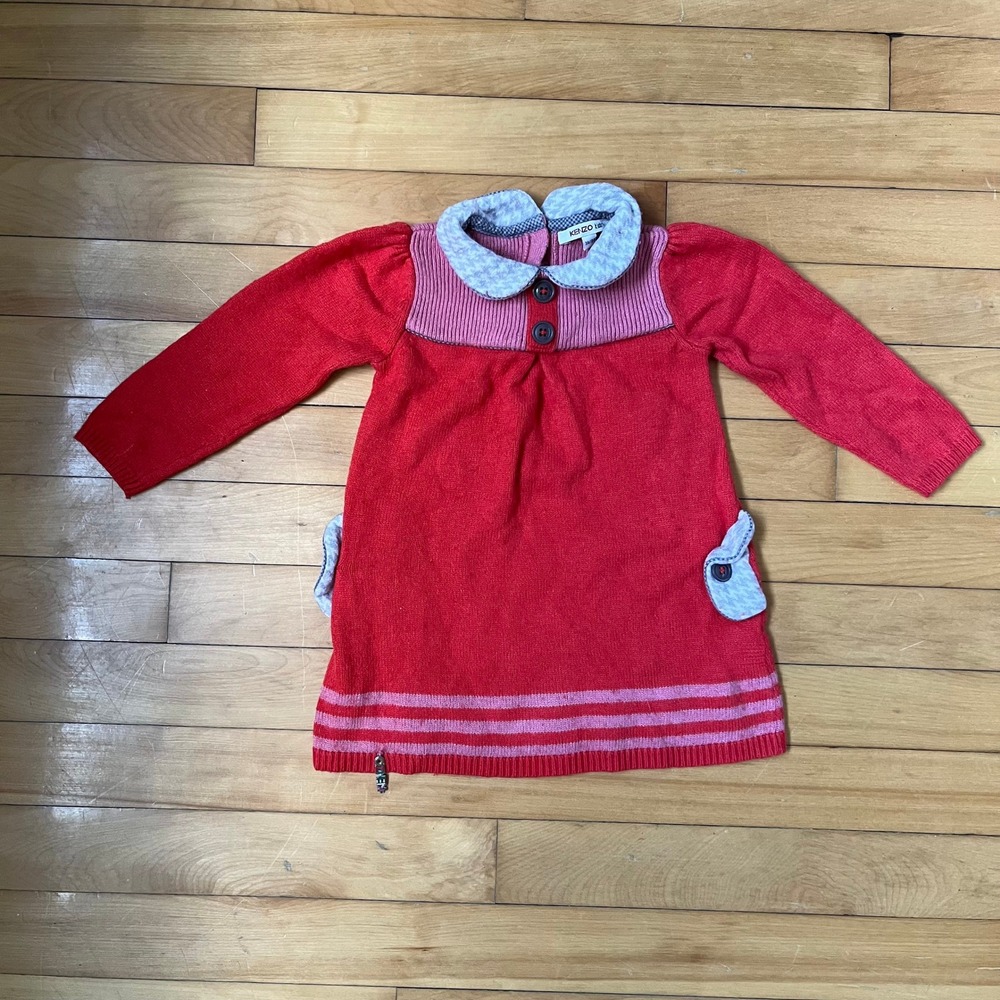Kenzo Kids Girls Red Knit Sweater Dress Peter Pan Collar Size 3A 94cm
